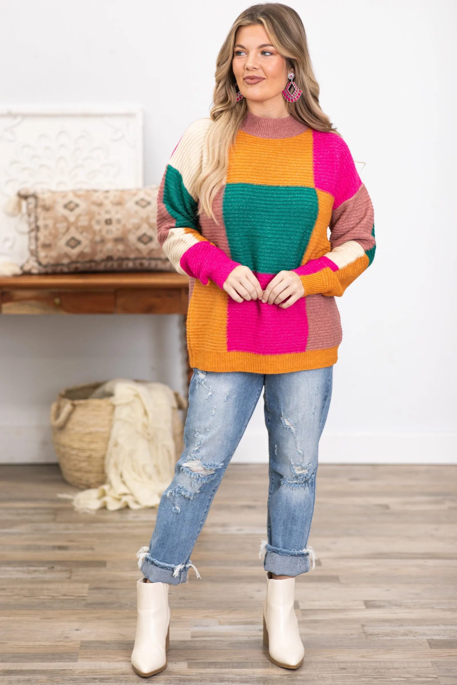 Turquoise and Fuchsia Colorblock Sweater