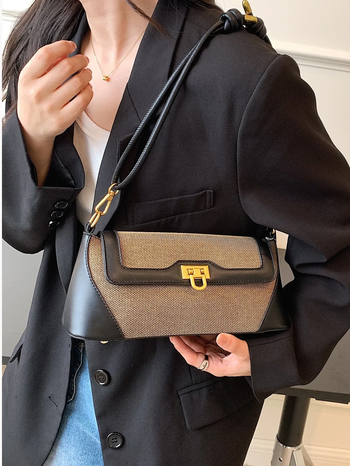 Two Tone Flap Baguette Bag