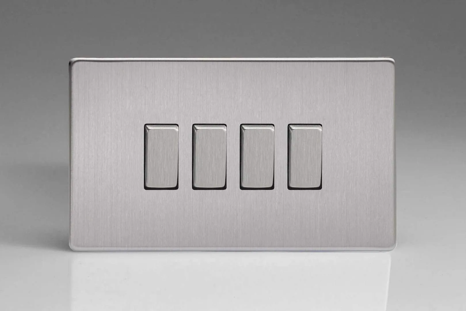 Varilight XDS9S Varilight Screwless Brushed Steel 4 Gang 10A 1 Or 2 Way Rocker Switch 4-Gang 10A 1- or 2-Way Rocker Switch (Twin Plate)