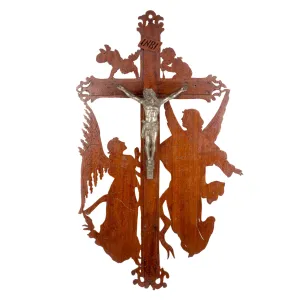 Vintage Handmade Belgian Wood & Pewter Crucifix Art