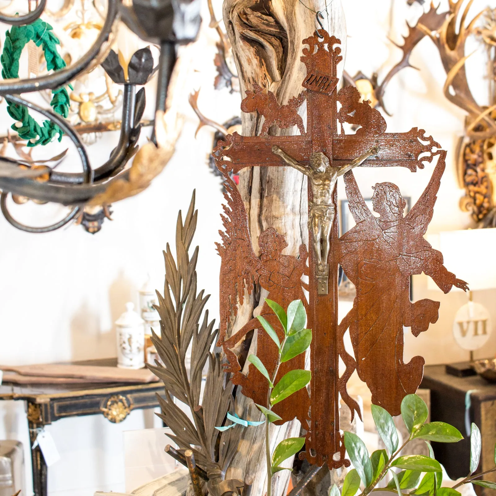 Vintage Handmade Belgian Wood & Pewter Crucifix Art
