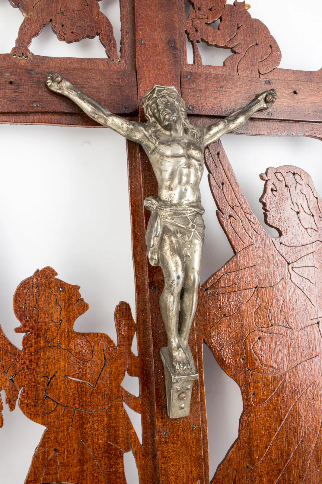 Vintage Handmade Belgian Wood & Pewter Crucifix Art