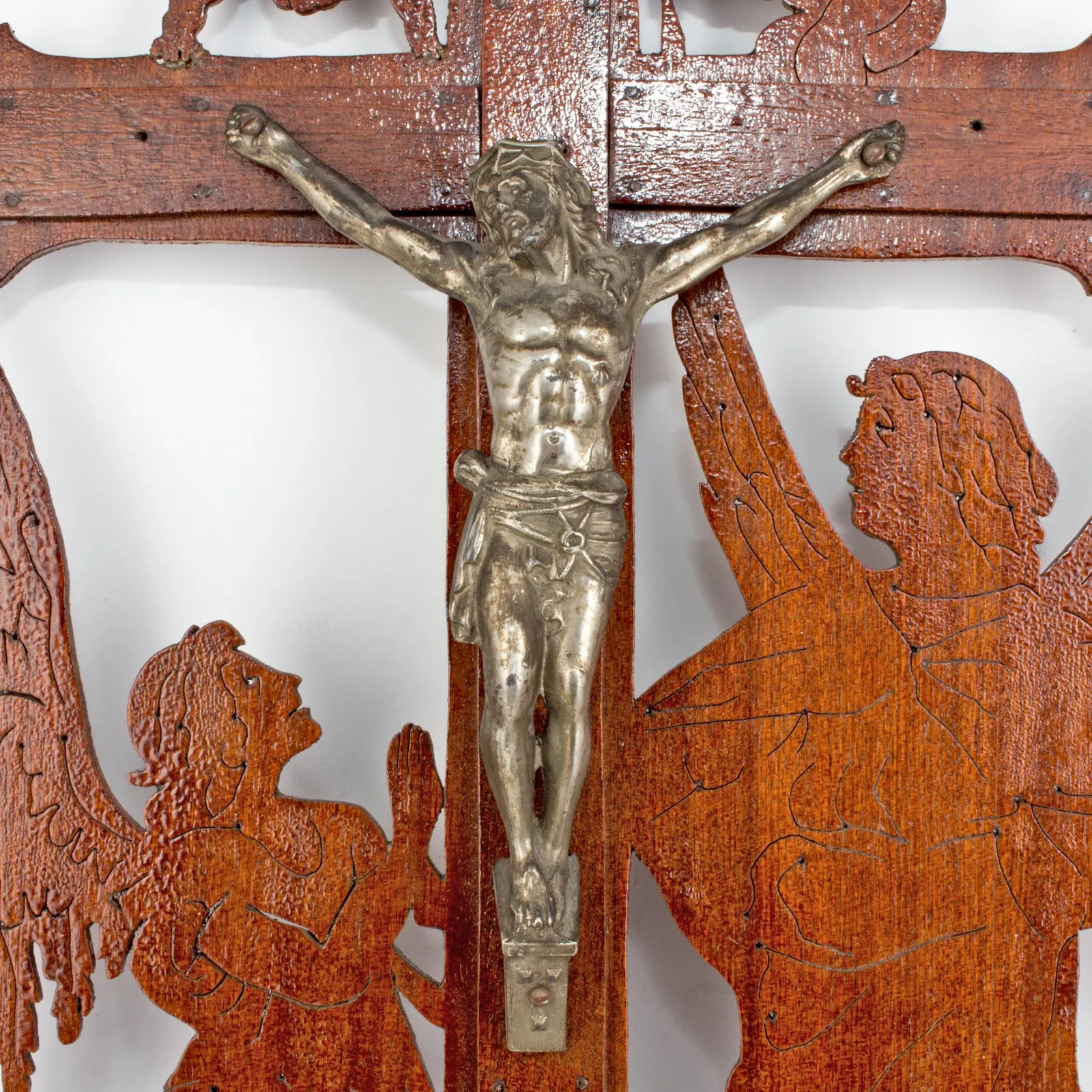 Vintage Handmade Belgian Wood & Pewter Crucifix Art