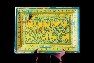 Vintage  Lacquered Wood Tray Blue & Yellow