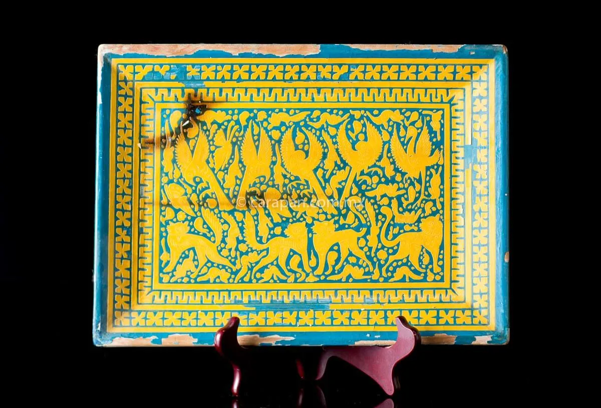 Vintage  Lacquered Wood Tray Blue & Yellow