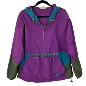 Vintage LL Bean 1/4 Zip Pullover Jacket L Colorblock Purple Southwest 90s Hood