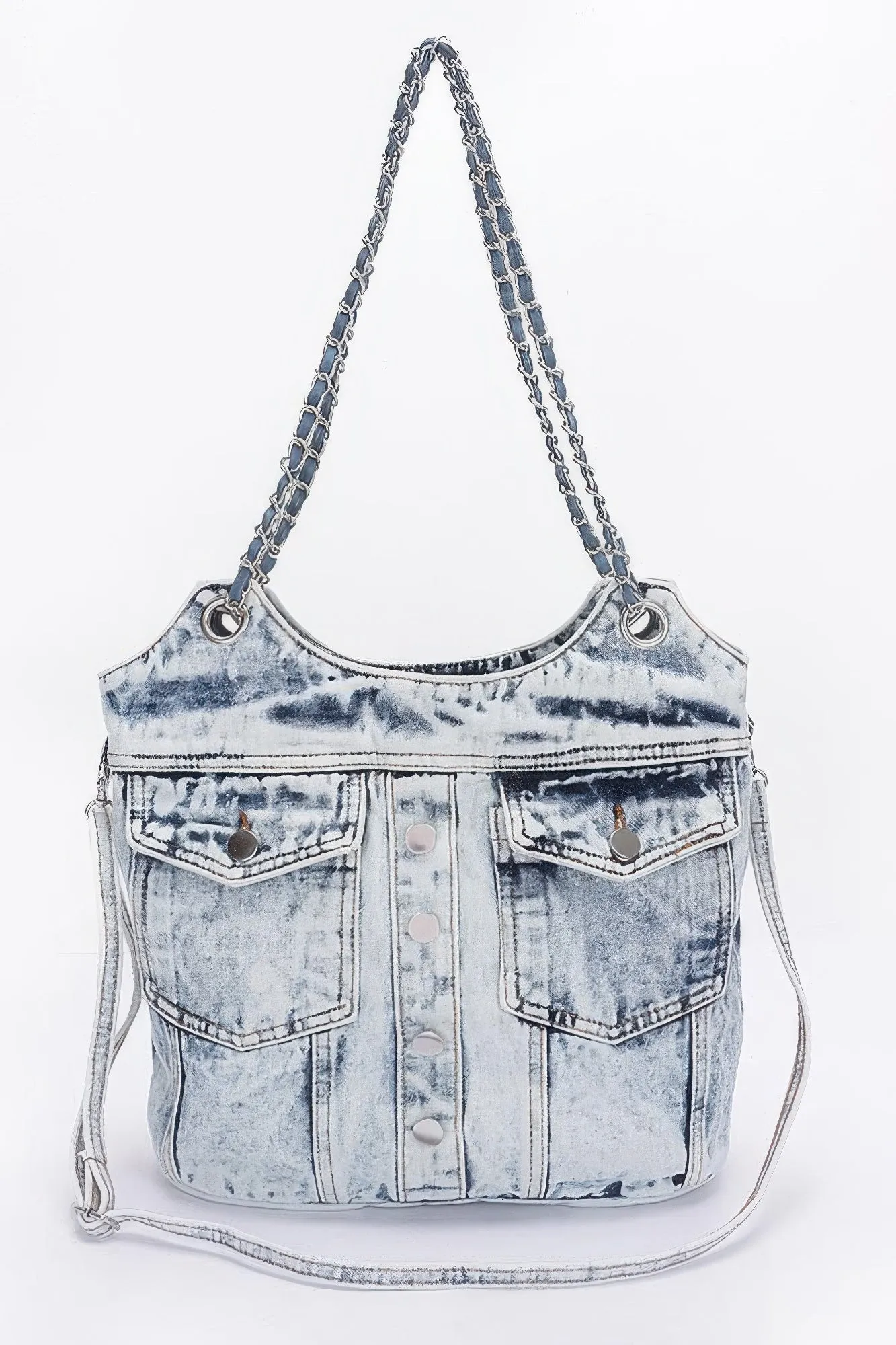 Washed Denim Double Pockets Tote Bag