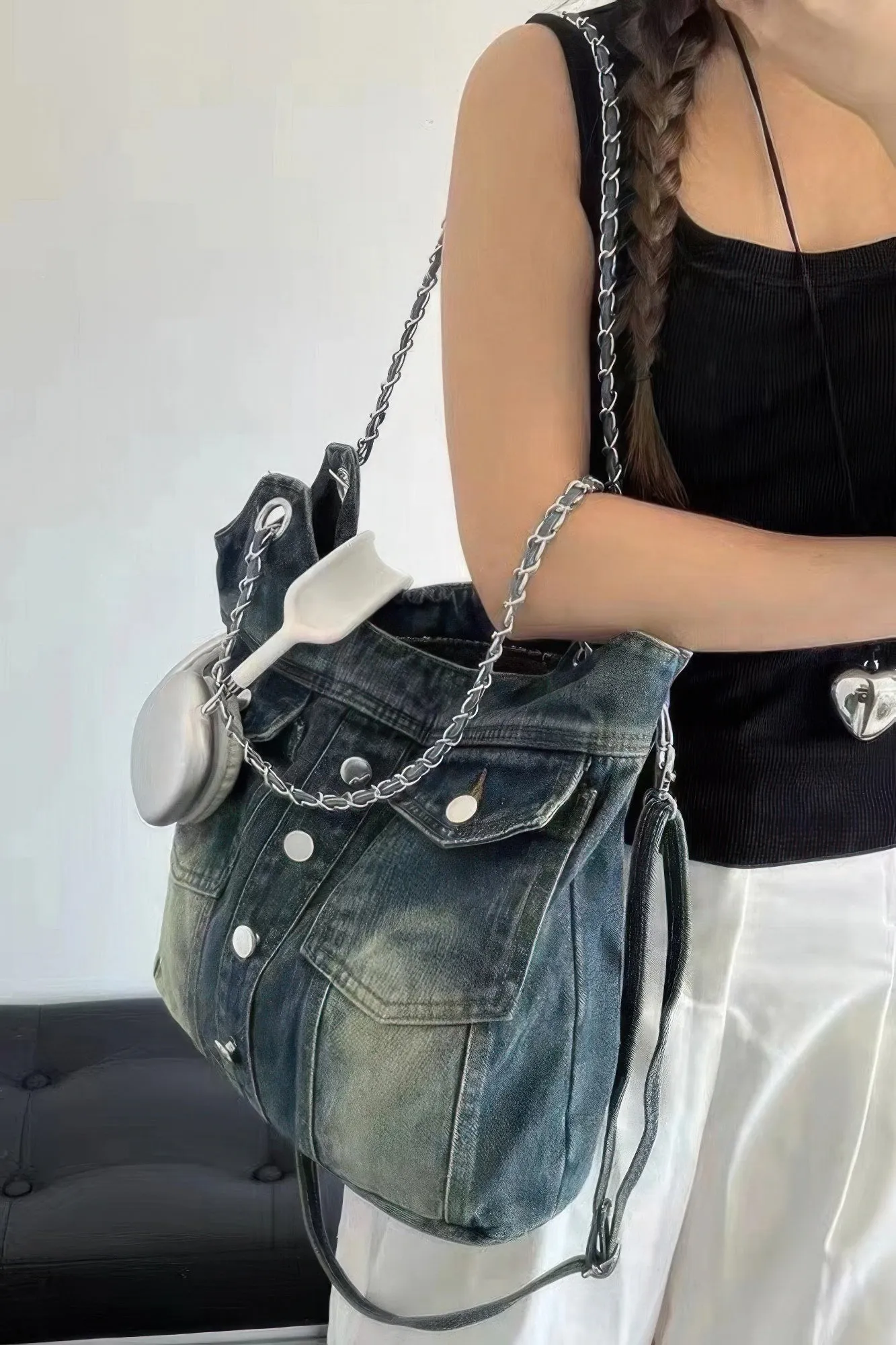 Washed Denim Double Pockets Tote Bag