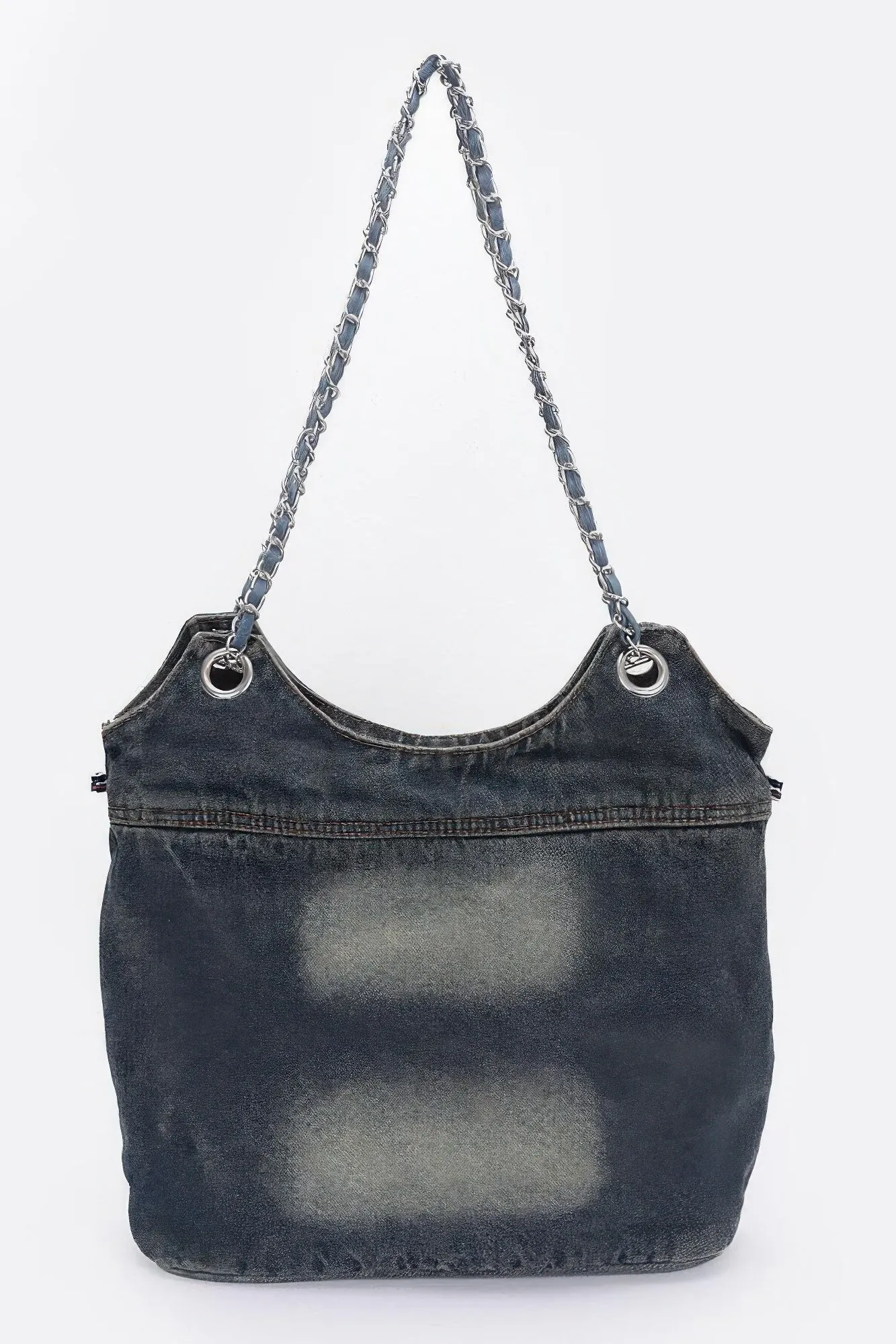 Washed Denim Double Pockets Tote Bag