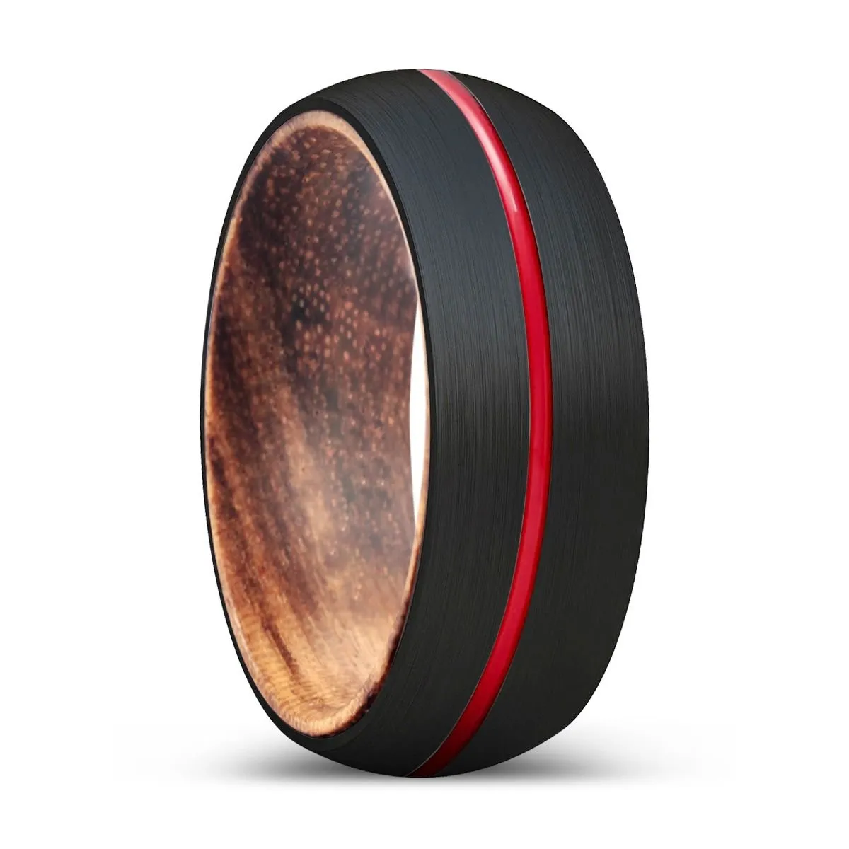 WEASEL | Zebra Wood, Black Tungsten Ring, Red Groove, Domed