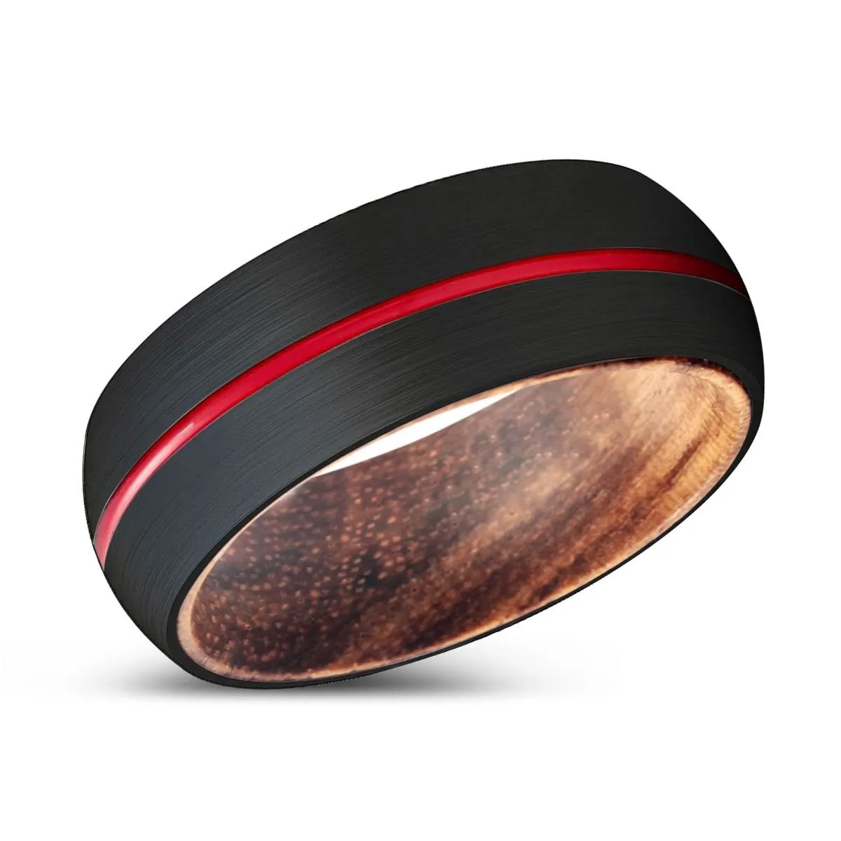 WEASEL | Zebra Wood, Black Tungsten Ring, Red Groove, Domed
