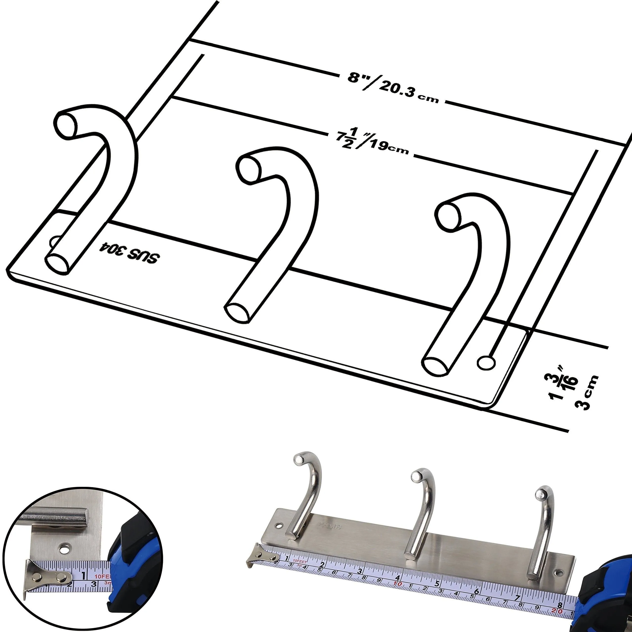 WEBI Sturdy SUS 304 Coat Hook Towel Hanger Rail Bar, Wall Mounted Rack for Great Home, Office Storage & Organization, Brushed Finish, 3 Hooks, 2 Pack, J-YZ03