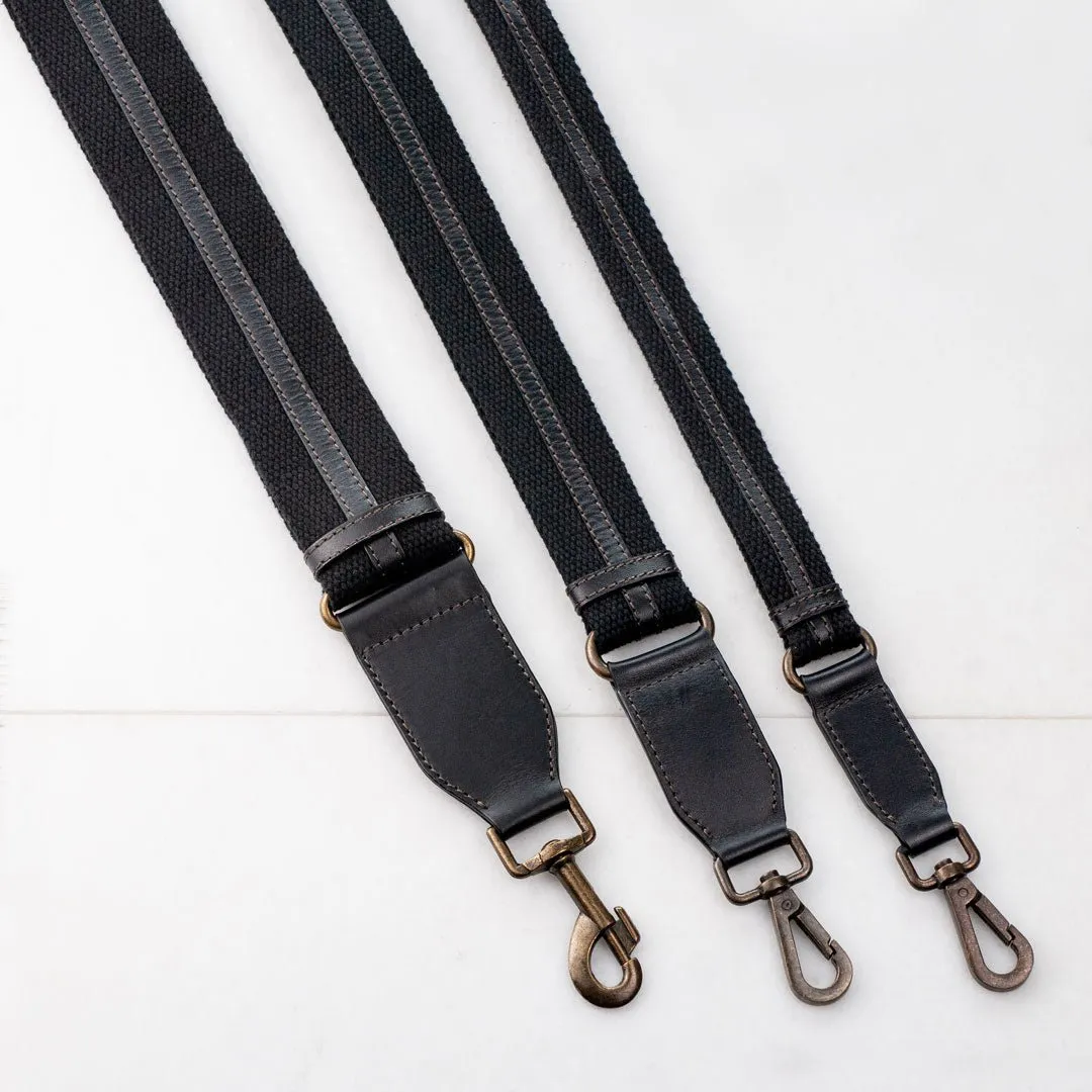 Web/Leather - Italian Leather and Cotton Web with Antique Brass Hardware Black Guitar Strap