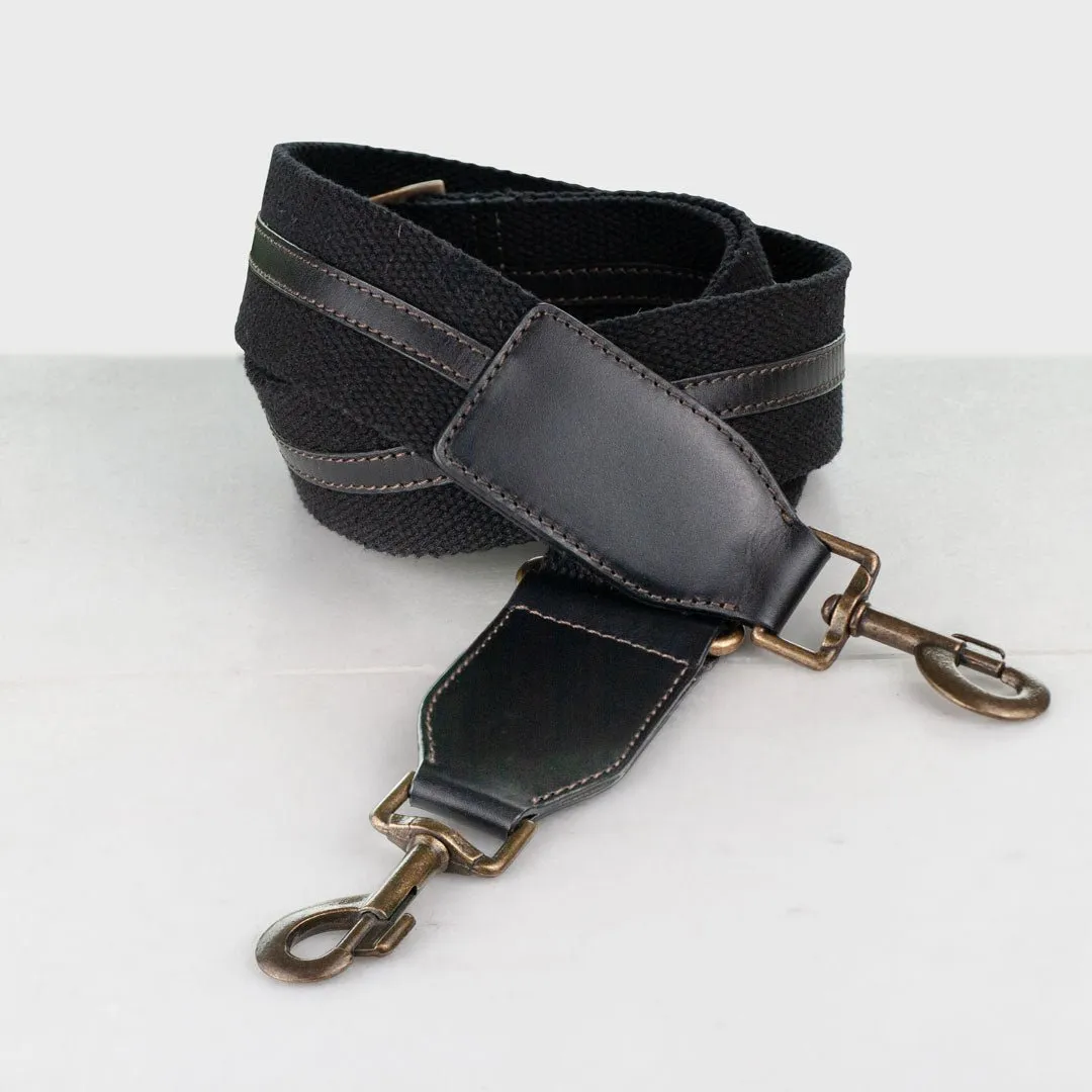 Web/Leather - Italian Leather and Cotton Web with Antique Brass Hardware Black Guitar Strap
