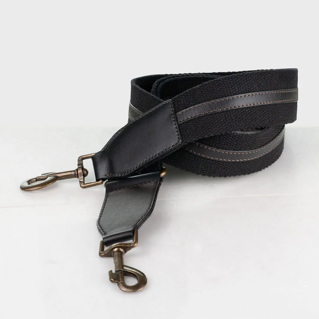 Web/Leather - Italian Leather and Cotton Web with Antique Brass Hardware Black Guitar Strap