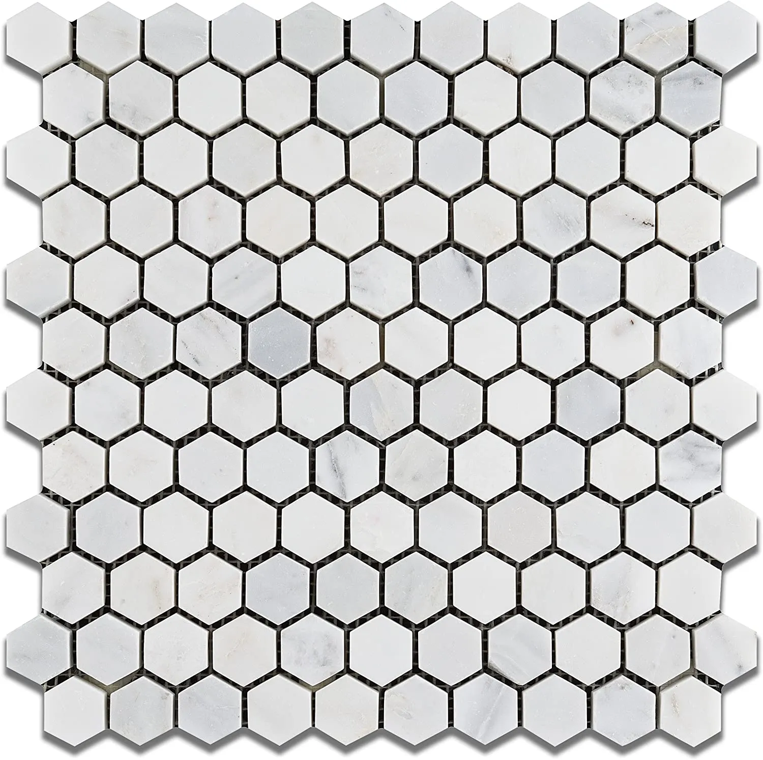 White Marble Hexagon 1x1 POLISHED Mosaic Tiles on 12x12 Sheet - Lot of 50 Sheets