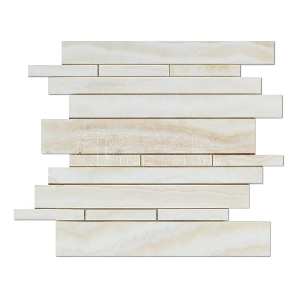 White Onyx Random Strip Mosaic Tile, Vein-Cut, Polished - Lot of 50 Sheets