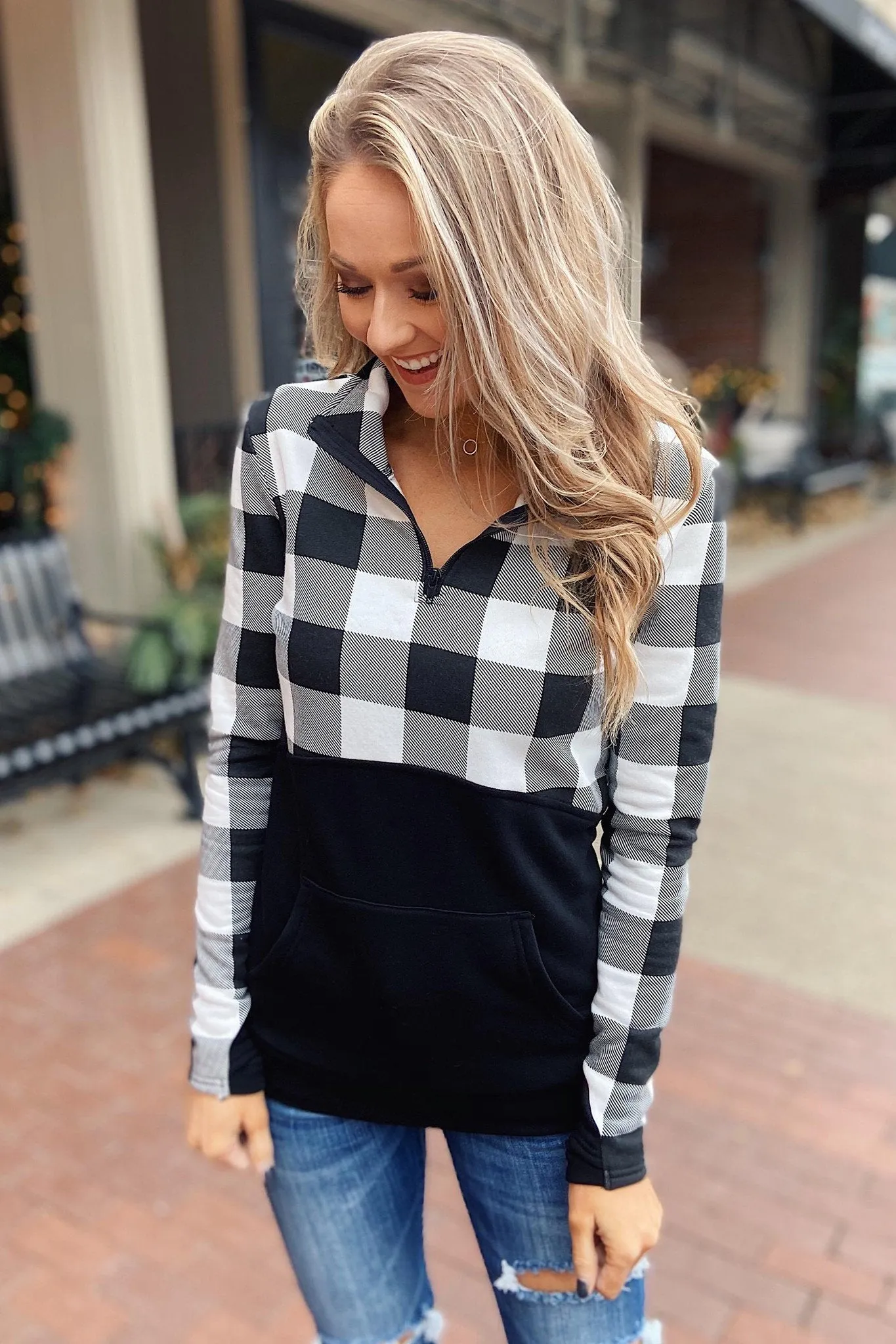 Winter Cheer Color Block Pullover- White Buffalo Plaid