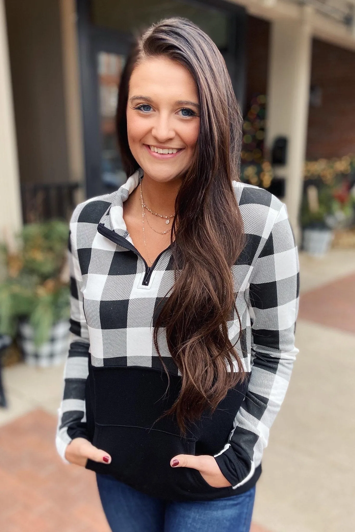 Winter Cheer Color Block Pullover- White Buffalo Plaid