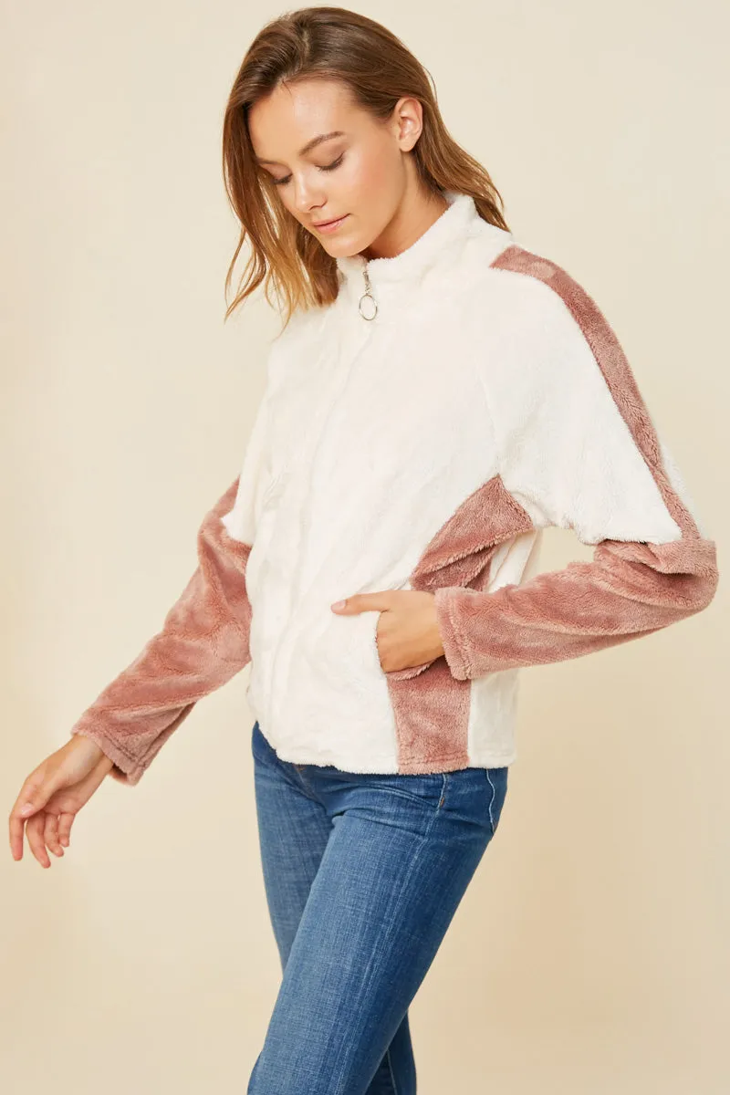 Womens Colorblock Circle Zipper Fleece Jacket