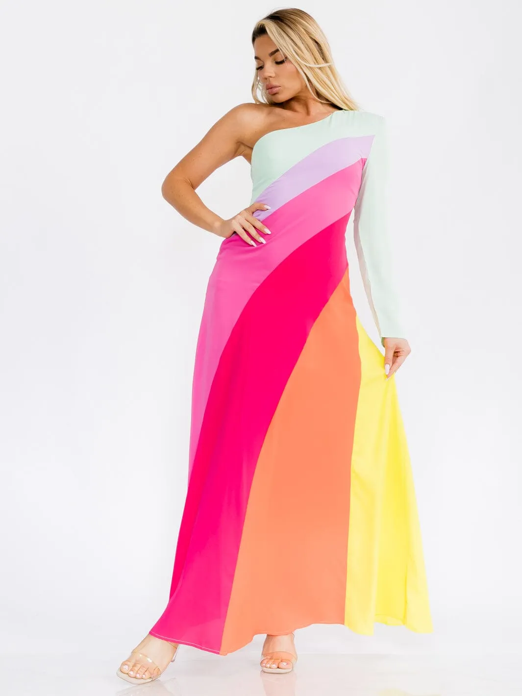 WOMEN'S ONE SHOULDER COLORBLOCK MAXI DRESS
