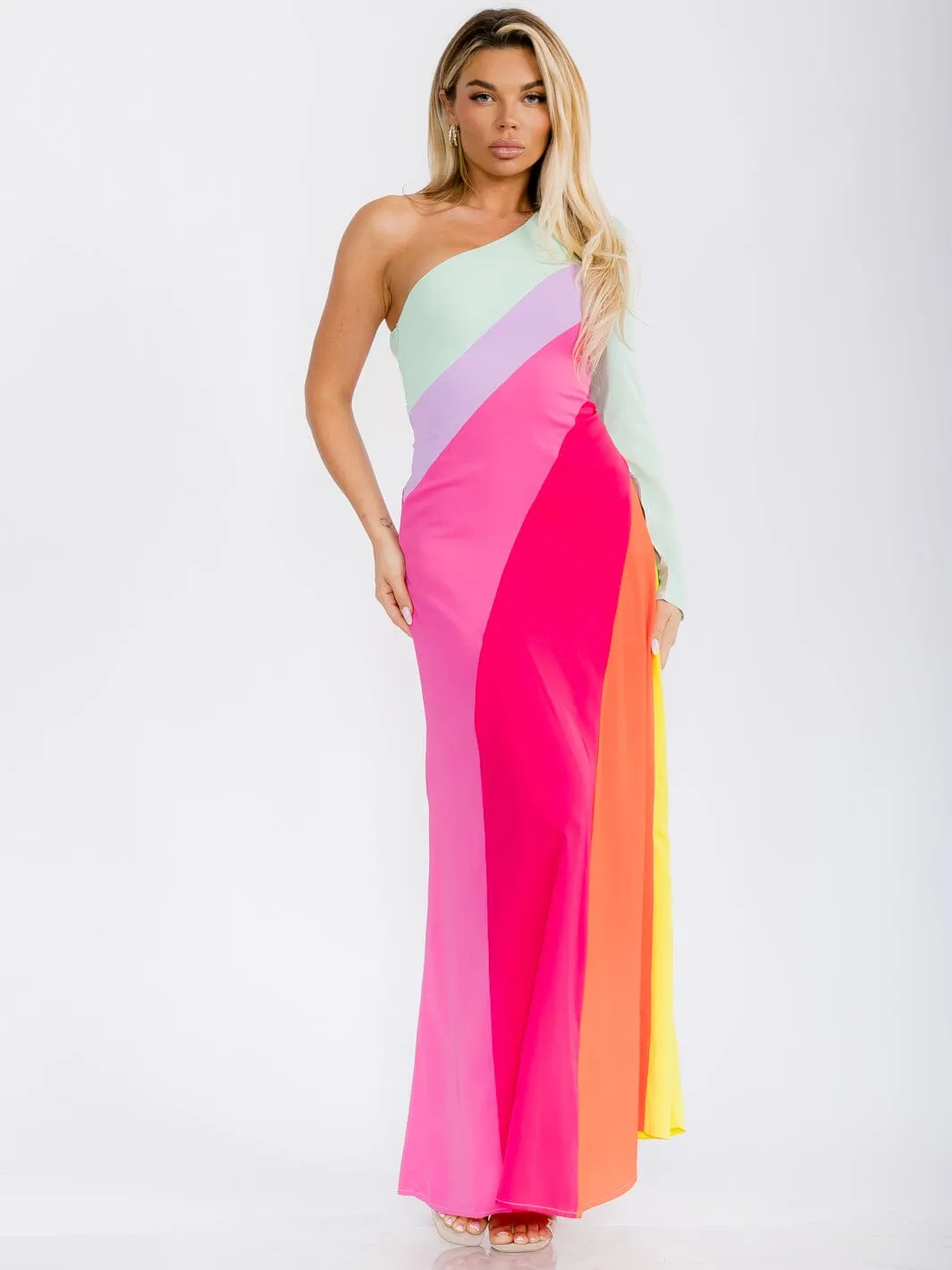 WOMEN'S ONE SHOULDER COLORBLOCK MAXI DRESS