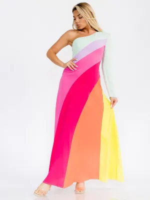 WOMEN'S ONE SHOULDER COLORBLOCK MAXI DRESS