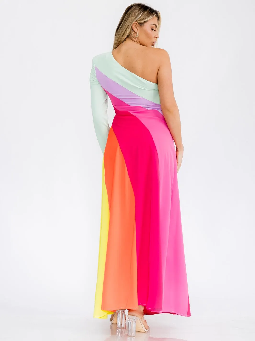 WOMEN'S ONE SHOULDER COLORBLOCK MAXI DRESS