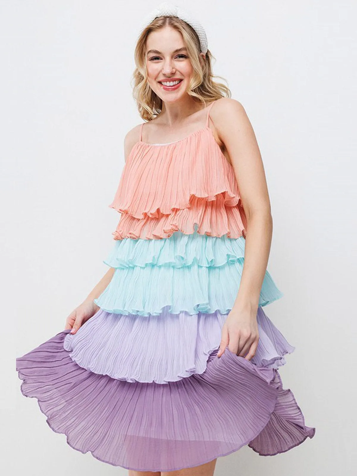 WOMEN'S SLEEVELESS TIERED RUFFLE COLORBLOCK MINI DRESS