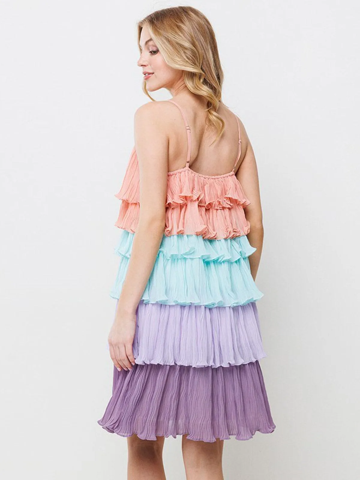 WOMEN'S SLEEVELESS TIERED RUFFLE COLORBLOCK MINI DRESS