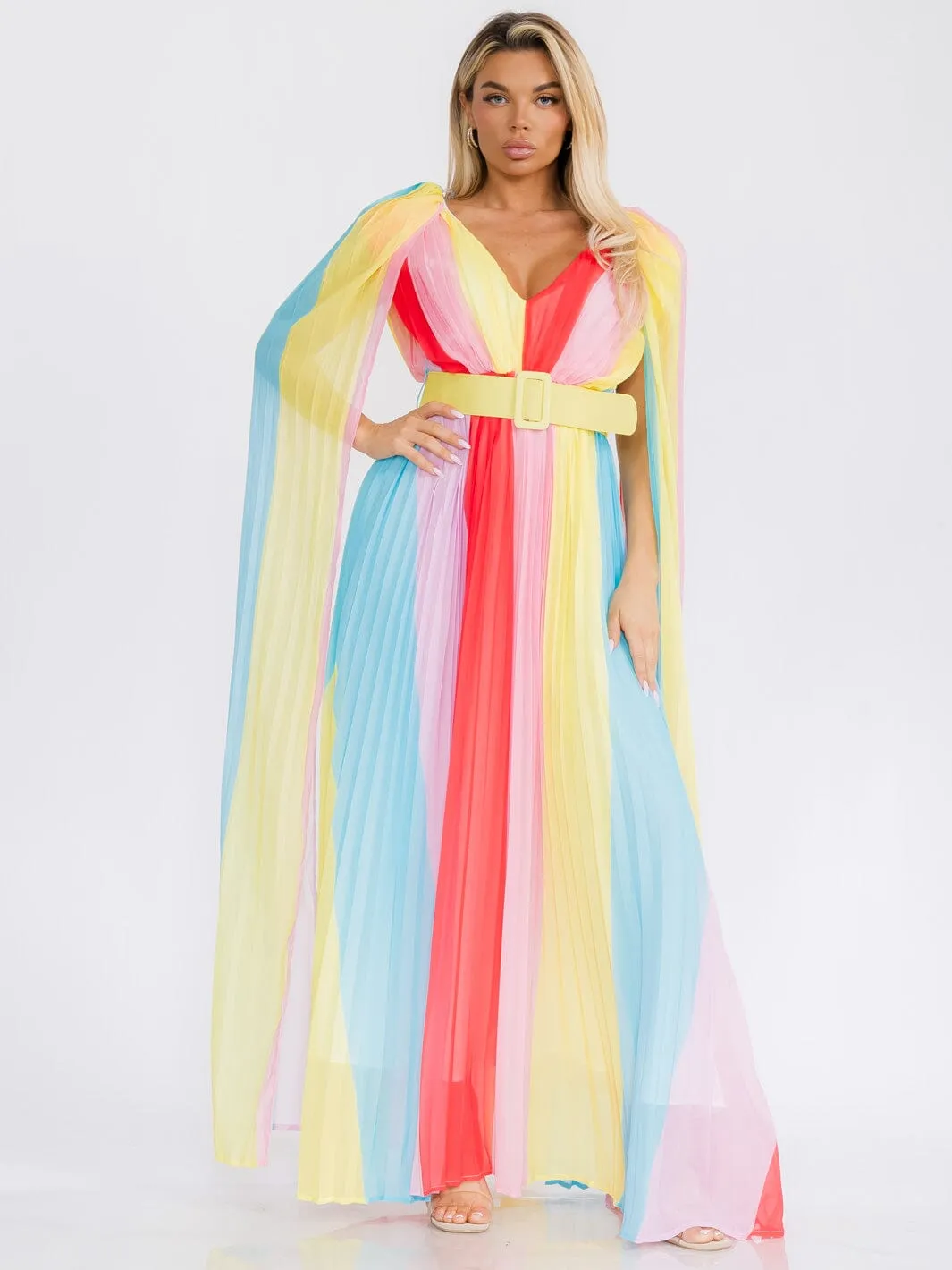 WOMEN'S SLEEVELESS V-NECK COLORBLOCK PLEATED MAXI DRESS