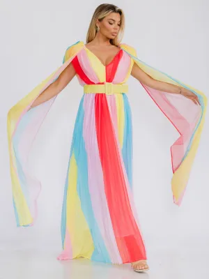 WOMEN'S SLEEVELESS V-NECK COLORBLOCK PLEATED MAXI DRESS