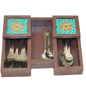 Wooden Cutlery Holder with Turquoise Stone Mosaic