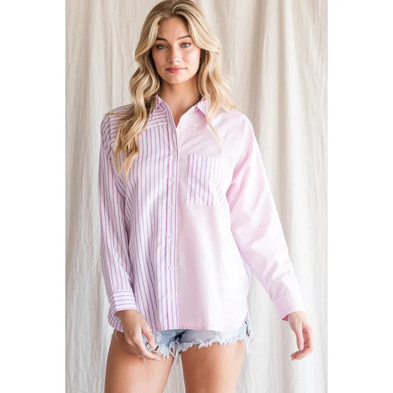 You're In Heaven Colorblock Striped Shirt - Pink