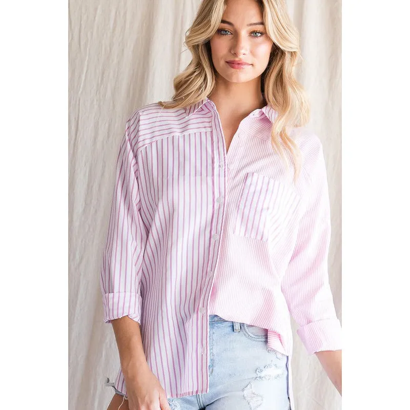 You're In Heaven Colorblock Striped Shirt - Pink