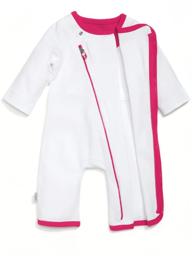 zip-up onesie - white & pink