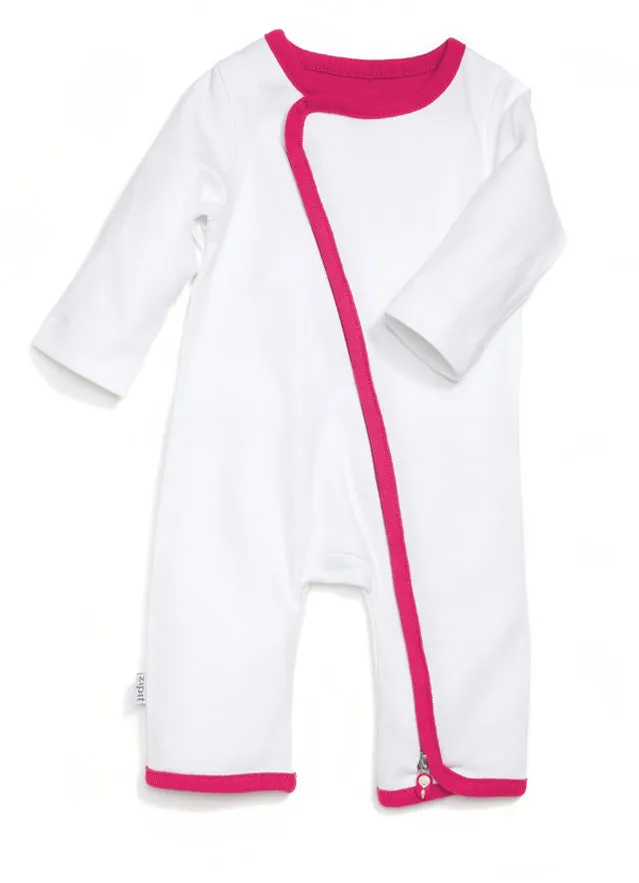 zip-up onesie - white & pink